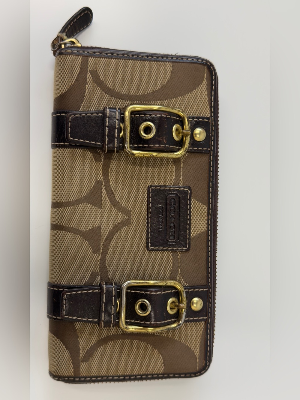 Coach Brown Signature Canvas Wallet with Dark Brown Leather and Gold Hardware